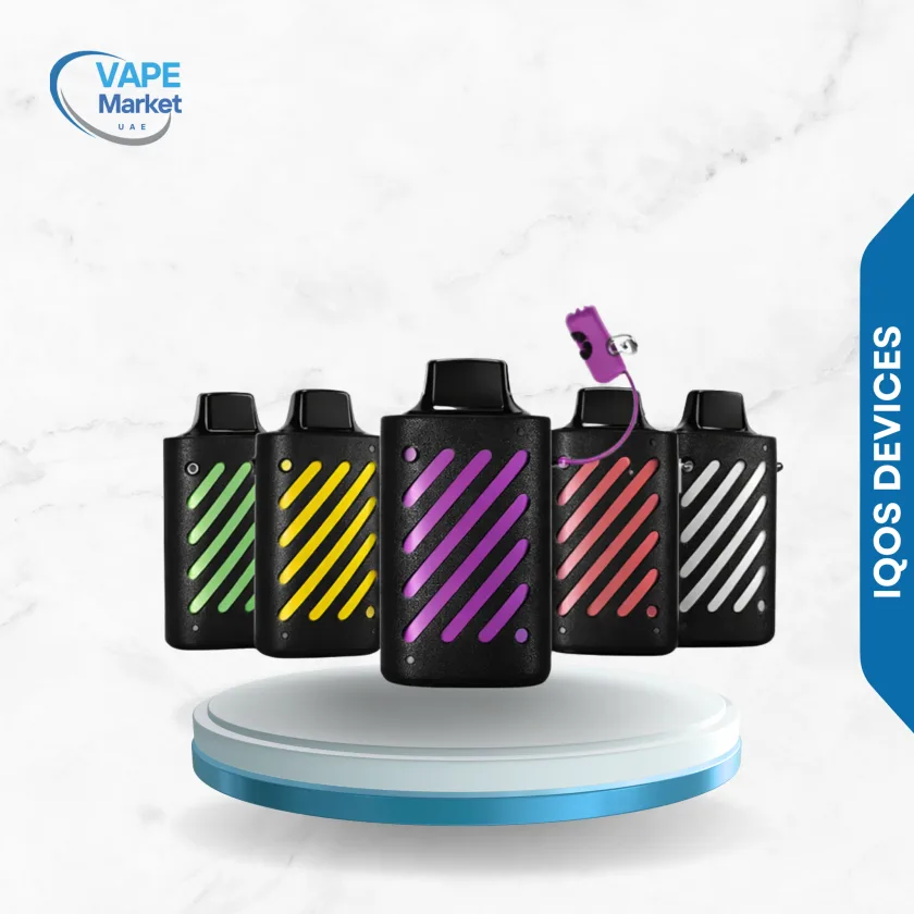 Ultra-realistic commercial product photography of multiple Vozol Gear 10000 Puffs disposable vape devices in assorted color accents (purple, green, yellow, red, white, and black variants). Only the products visible — no background circle, no platform, no leaves, no logo, no text. Devices arranged in a dynamic grouped composition with one front device slightly centered and others subtly layered behind to create natural depth. Subtle 3/4 perspective angle with the center device slightly closer to the camera and side devices gently receding. Balanced spacing between devices while maintaining a compact premium lineup. Leave generous empty space above the products for logo placement. Clean soft studio lighting from upper right creating gentle highlights on the textured black bodies and neon stripe accents. Soft diffused shadow directly beneath the group, slightly extending toward the left. Accurate material rendering: matte textured body with vibrant diagonal stripe detailing and precise edge definition. No artificial glow. No dramatic contrast. No reflections except subtle natural highlights. Completely transparent background (true PNG alpha channel). No visible floor or horizon line. High resolution 3000x3000px. Professional ecommerce-grade product render with premium white catalog lighting and realistic proportions.